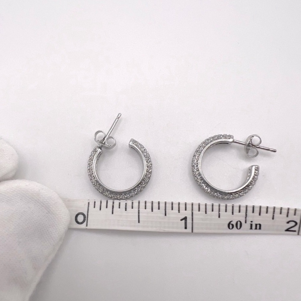 .925 Sterling Silver Pave Cz 16mm Post Hoop Earrings - Picture 14 of 15